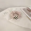 Pink satin scrunchie with heart checkerboard charm for chic buns and ponytails - Beige Heart