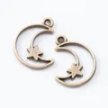 Vintage bronze alloy moon and star pendant with hollow frame and top loop for DIY jewelry - Antique Bronze