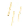 Macro detail of three golden miniature knife charms with textured metal handles - Gold Disposable Knives