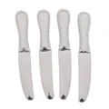 Macro detail of four silver-colored miniature dining knives with beaded edge relief carving - White K Gold Knife