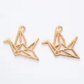 Golden origami crane metal pendant with geometric hollow design for DIY jewelry making - KC Gold