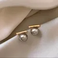 Minimalist champagne gold bar earrings with elegant grey hanging pearls for women - Gold ED67427 Cylinder Grey Pearl