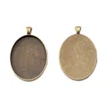 Two vintage bronze oval alloy pendant trays with textured backs and top loops for DIY jewelry - Antique Bronze