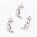 Three pieces of vintage silver alloy crescent moon charms with smiling faces for DIY jewelry - Antique Silver