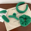Five-piece green faux shearling hair accessory set with headband and plush hair claw clips - Green 5-Piece Set (With Small Side Clip)