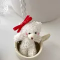 Cute white plush bear with red bow in a ceramic mug, sweet vintage aesthetic hairpin - Style A