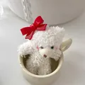 Cute white plush bear charm with large red bow and metal chain for bags or hair clips - Style B