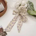 Floral print scrunchie with long ribbons in sweet cream color and purple flowers - Yellow