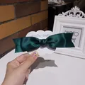 French style dark green satin bow hair clip with glossy silk finish on display card - Green