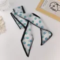 French style organza narrow scarf with blue smiley faces and black piping detail - White/Smile