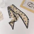 Narrow beige organza scarf featuring black smiley patterns and delicate black edging - Beige with Black Smiley