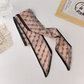 Pink organza skinny scarf with black letter print and delicate black piping edge - Beige Letter Design