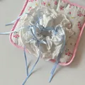 White lace scrunchie with blue ribbon bows and floral patterns for girls - White Blue Printed with Streamers (F1394 Blue)