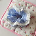 Sweet blue and white striped scrunchie with white lace trim for hair styling - Blue White Striped with Lace Edge (F1395 Blue)
