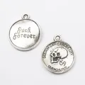 Retro zinc alloy round skull pendants with Fuck Forever engraving and punk style finish - Antique Silver