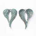 Vintage bronze heart-shaped angel wings charms with green patina for DIY jewelry making - Antique Green