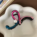 Bow heart hair claw clip with pink and blue contrast colors and a large faux pearl - Black Curve Pearl Trim Style (F1710 Pink Blue)