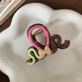 Colorful wave hair claw clip in dark brown with pink, green streaks and beige bow - Wavy Brown Bow Style (F1711 Pink Colorful)