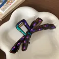 Brown bow hair claw clip with purple stripes and pink dots in a white ceramic dish - Bow Coffee Purple Stripe Pink Dot Style (F1720 Blue Green)