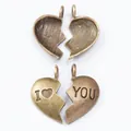 Vintage bronze heart puzzle pendants with I Love You engraving for couples jewelry - Antique Bronze