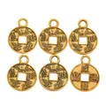 Detailed view of six vintage bronze alloy Chinese coins with dragon and flower reliefs - Antique Gold