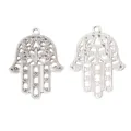 Vintage silver Hamsa Hand alloy charms showing intricate filigree and grid back patterns - Antique Silver