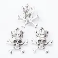 Vintage silver skull pendant with crown and Queen engraving for DIY jewelry - Antique Silver