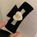 Large black velvet hair claw clip with vintage white heart and golden rose detail - Square Style