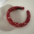 Macro detail of red tweed headband with silver metallic threads and handmade label - Red and White Plaid Headband