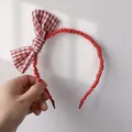 Red and white checkered bow sponge headband with gathered fabric for women - Red Bow Headband (A001)