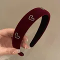 Retro burgundy velvet headband with diamond heart accents in a soft padded design - Rhinestone Heart / Burgundy