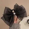 Elegante molletta per capelli con grande fiocco in rete nera e cristallo lucido - Stile Zirconia / Nero