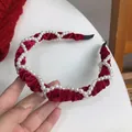 Elegant wine red velvet headband with double-row crisscross pearls for women - Pleated Artificial Pearl Style (A201 Red)
