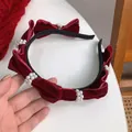Dark red velvet headband with 3D bows and pearl clusters for women and girls - Bow Artificial Pearl Style (Red A207)