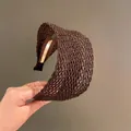 Bohemian dark brown woven wide headband with black non-slip lining for women's hair - Brown