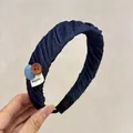 Deep blue denim texture pleated headband with vintage button and hand made label details - Dark Blue