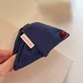 Handmade navy denim plaid shark hair claw clip with red bead accent and fabric label - Triangle Denim Claw Clip