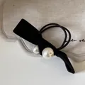 French velvet bow hair tie with white pearls and double-strand black elastic bands - Black Velvet Bow Artificial Pearl Hair Tie
