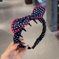 Cerchietto retrò blu navy a pois con grande fiocco e bordi cuciti rossi da donna - Cerchietto a Pois