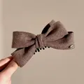 Brown knitted wool bow banana clip for elegant high ponytail hairstyles in winter - Brown