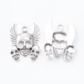 Vintage silver skull pendant with wings, DIY jewelry craft accessory in gothic punk style - Antique Silver