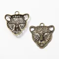Vintage bronze leopard head charm with hollow grid pattern and hanging loop for DIY jewelry - Antique Bronze