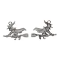 Front and back detail of antique silver witch on broomstick Halloween metal pendant - Gun Black