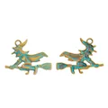 Detail of vintage bronze witch on broom pendants with blue enamel for DIY jewelry - Antique Green