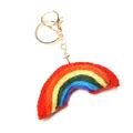 Handmade rainbow wool felt keychain with five-color macaron stripes and golden metal ring - Classic Rainbow (Gold Lobster Clasp)