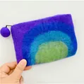 Handmade wool felt coin purse with purple to green gradient circles and ball zipper - Blue Gradient Style / 14.5x11.5cm