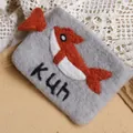 Handmade felt coin purse featuring a cute orange whale design and embroidered Kun text - Grey