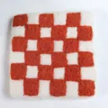 Square orange and white checkered wool felt coaster with heat insulation and plaid pattern - Orange