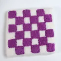 Square wool felt coaster with a purple and white checkered pattern and soft texture - Purple