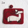 Handmade wool felt coin purse in deep red featuring a white cat applique design - Dark Red Cat Style (2#)